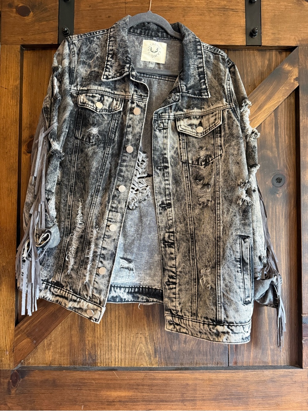 Fantastic Fawn Distressed Grey Acid-Wash Denim Jacket with Fringe